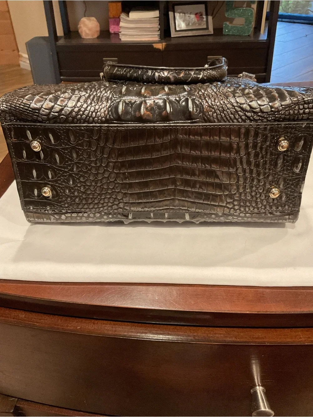 Brahmin Dark Brown Croc-Embossed Satchel with Gold Hardware